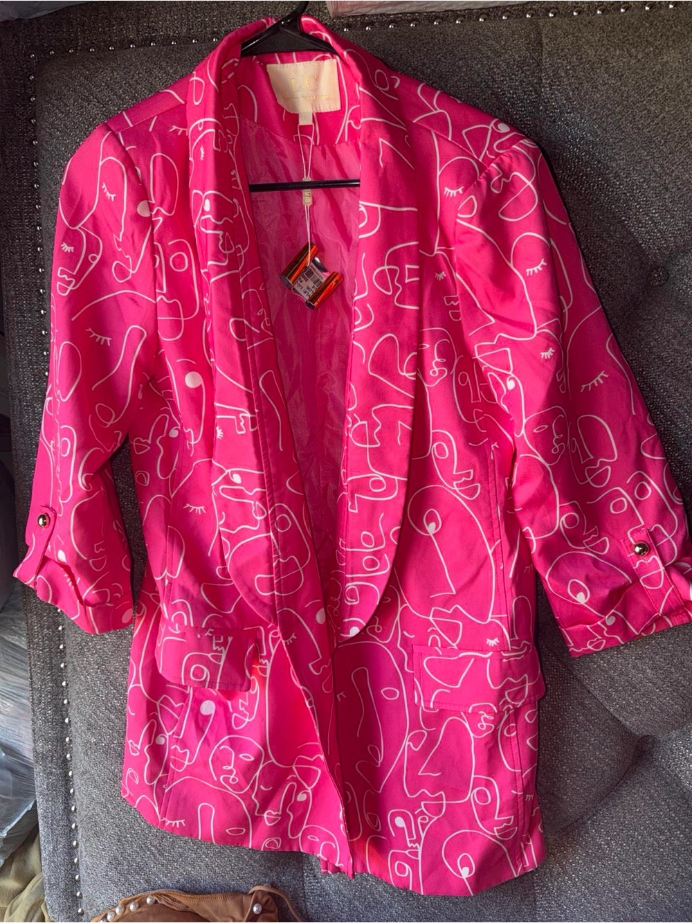 Bright Pink Abstract Line Print Blazer